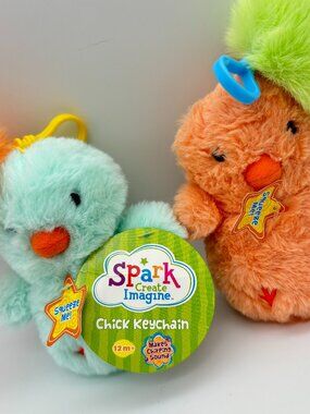 Spark Create Imagine 4" Chirping Chick Easter Plush Keychain Toy, Mint & Orange